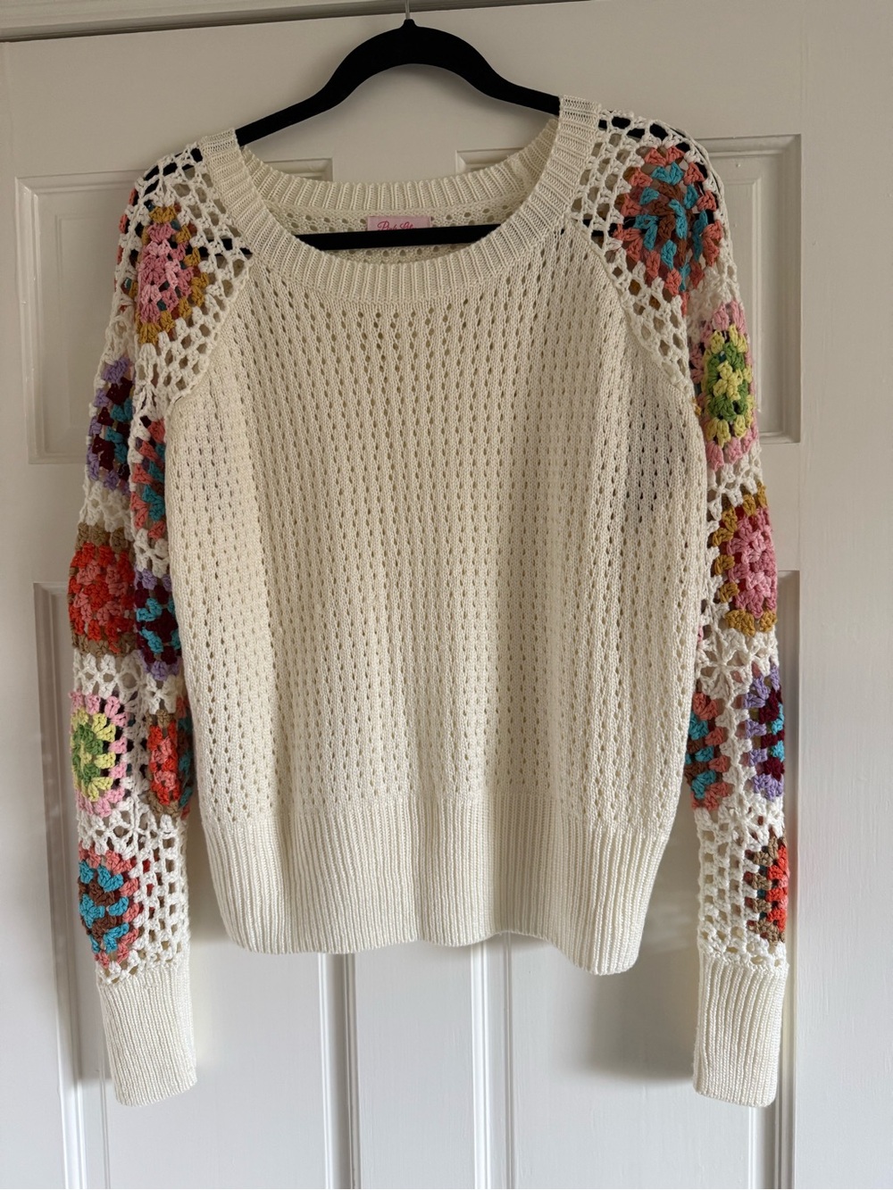 Pink Lily Ivory Crochet-Sleeve Sweater with Multicolor Granny Squares